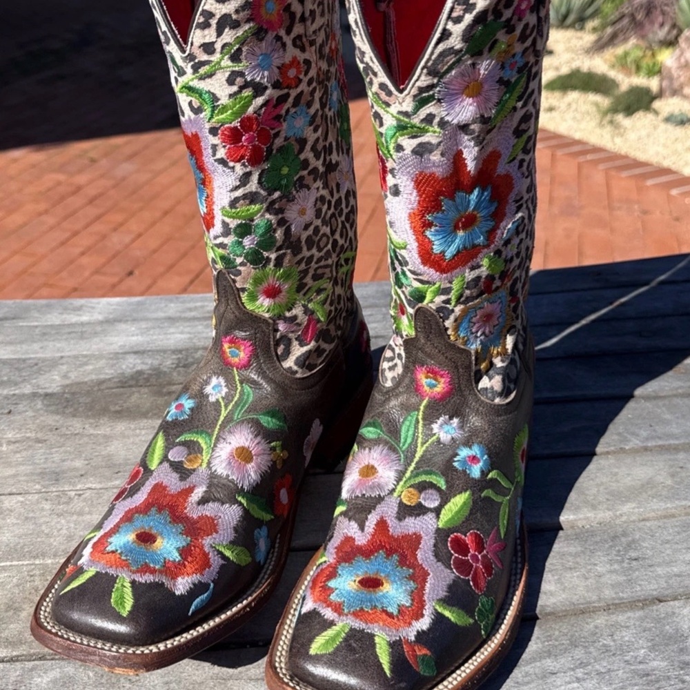 Macie Bean Leopard Cowgirl Boots Brown Embroidered Multicolor